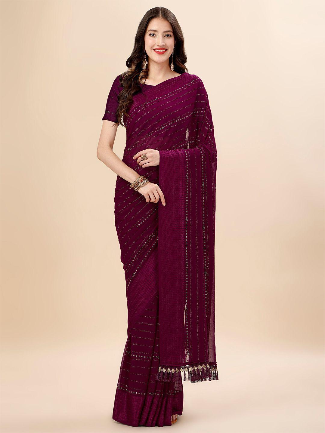 mitera purple & black striped stone work pure chiffon saree