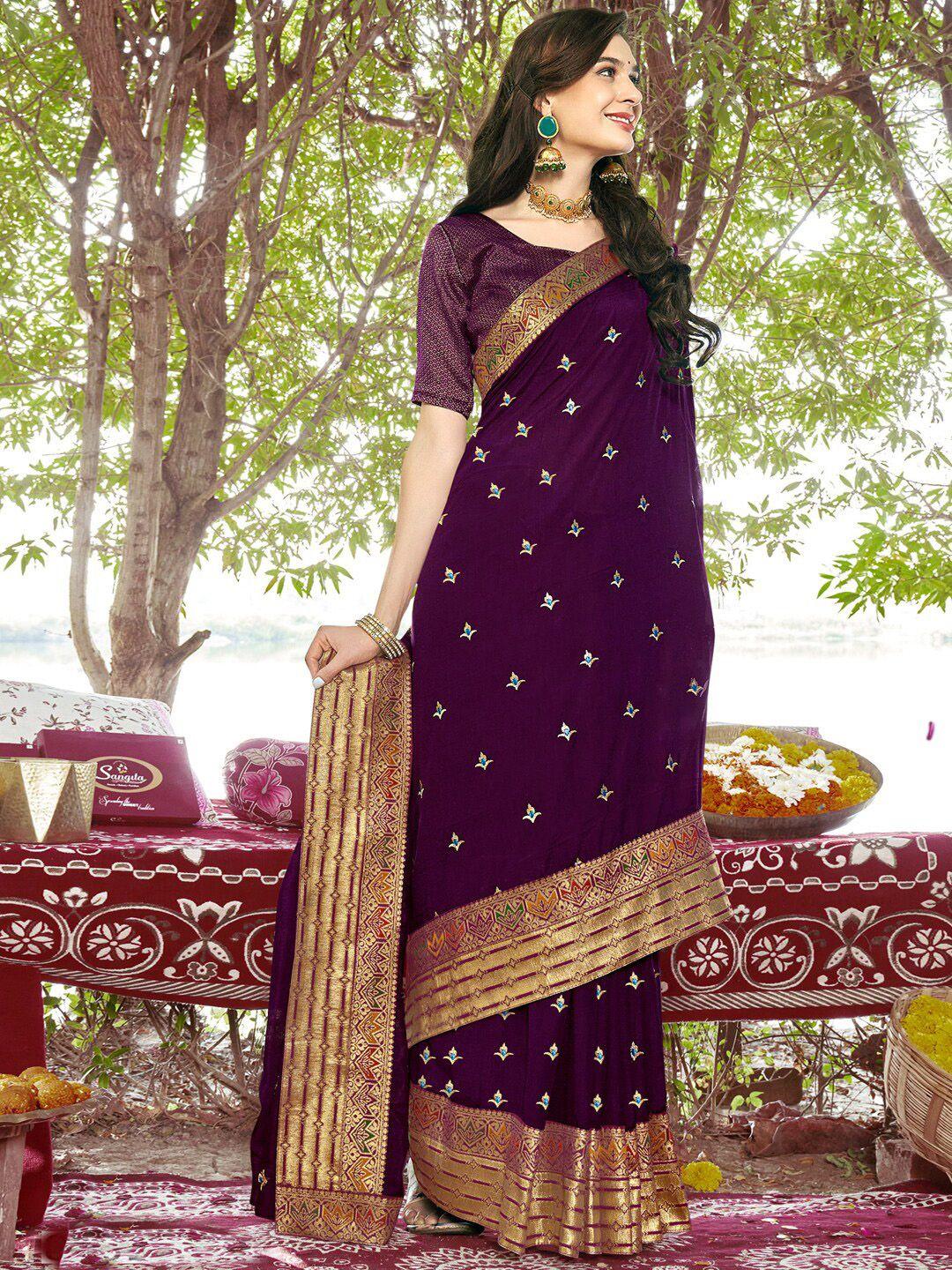 mitera purple & blue ethnic motifs embellished zari saree