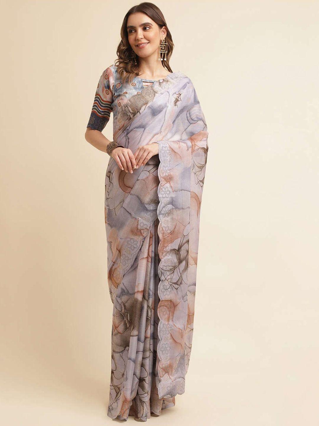 mitera purple & brown floral printed embellished saree