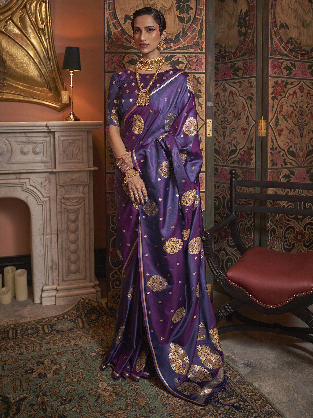 mitera purple & brown floral zari silk blend banarasi saree