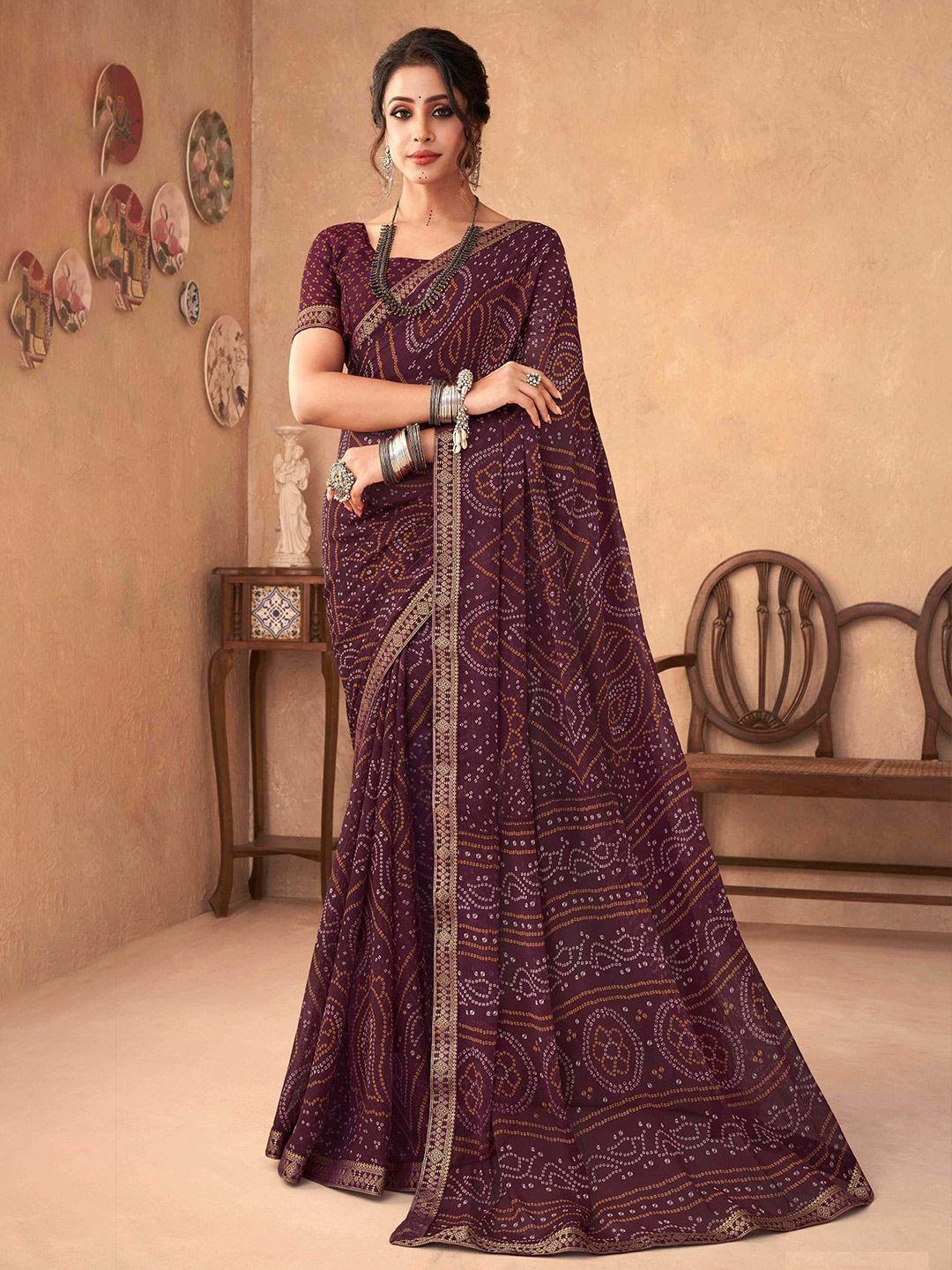 mitera purple & cream printed zari bandhani saree