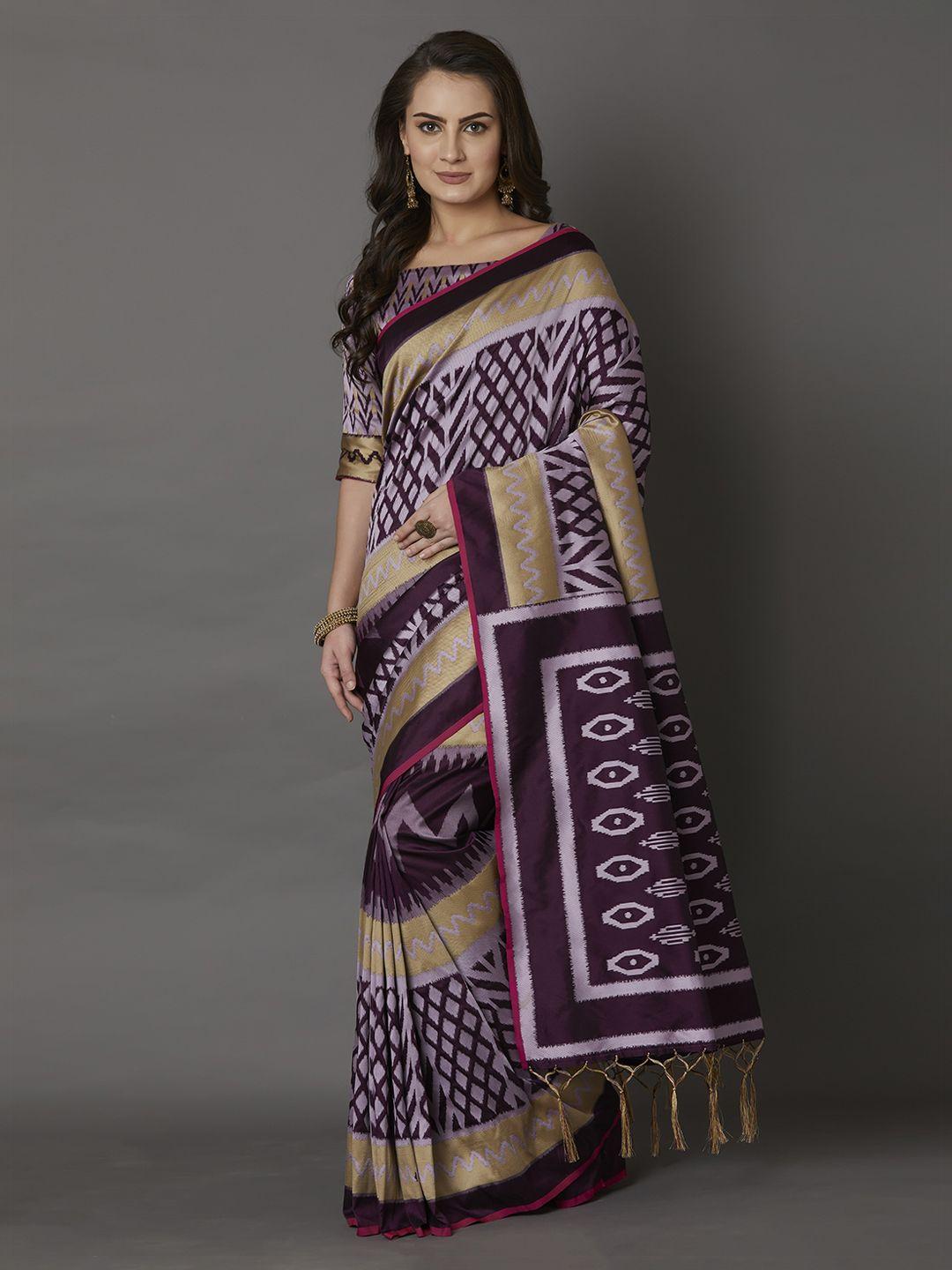 mitera purple & gold-coloured silk blend printed saree