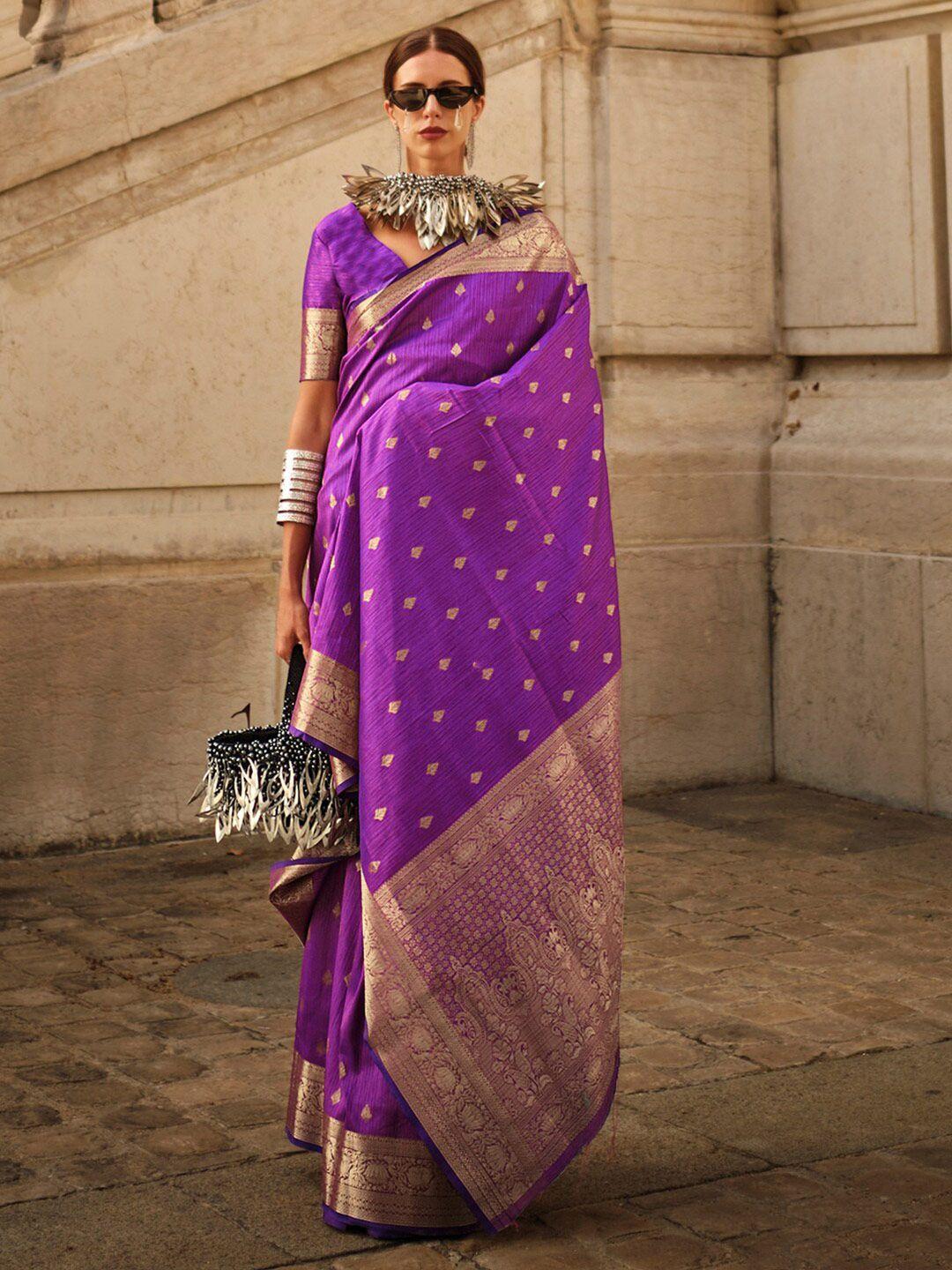 mitera purple & gold ethnic motifs woven design zari banarasi saree