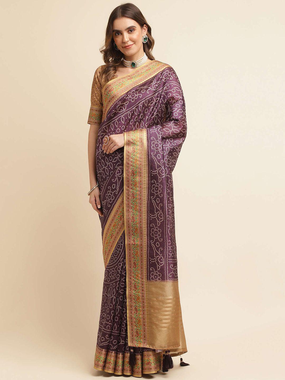 mitera purple & gold-toned bandhani zari pure silk bandhani saree