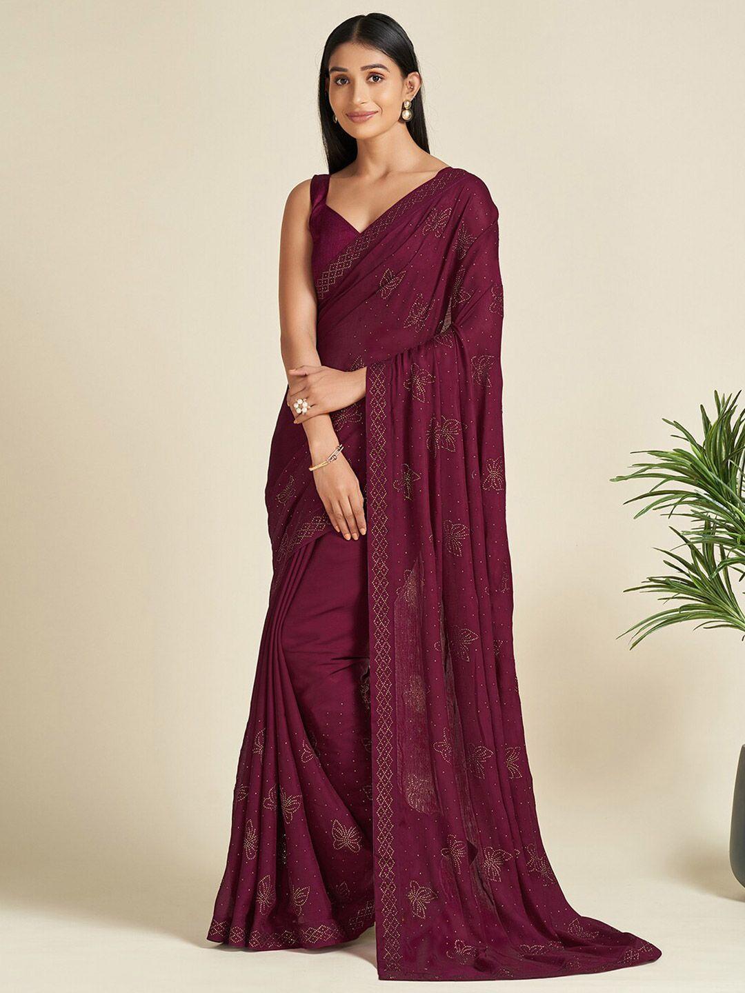 mitera purple & gold-toned embellished satin saree