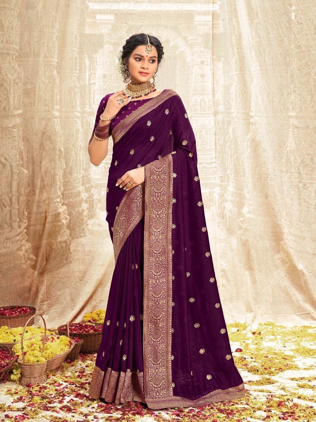 mitera purple & gold-toned ethnic motifs embroidered art silk saree