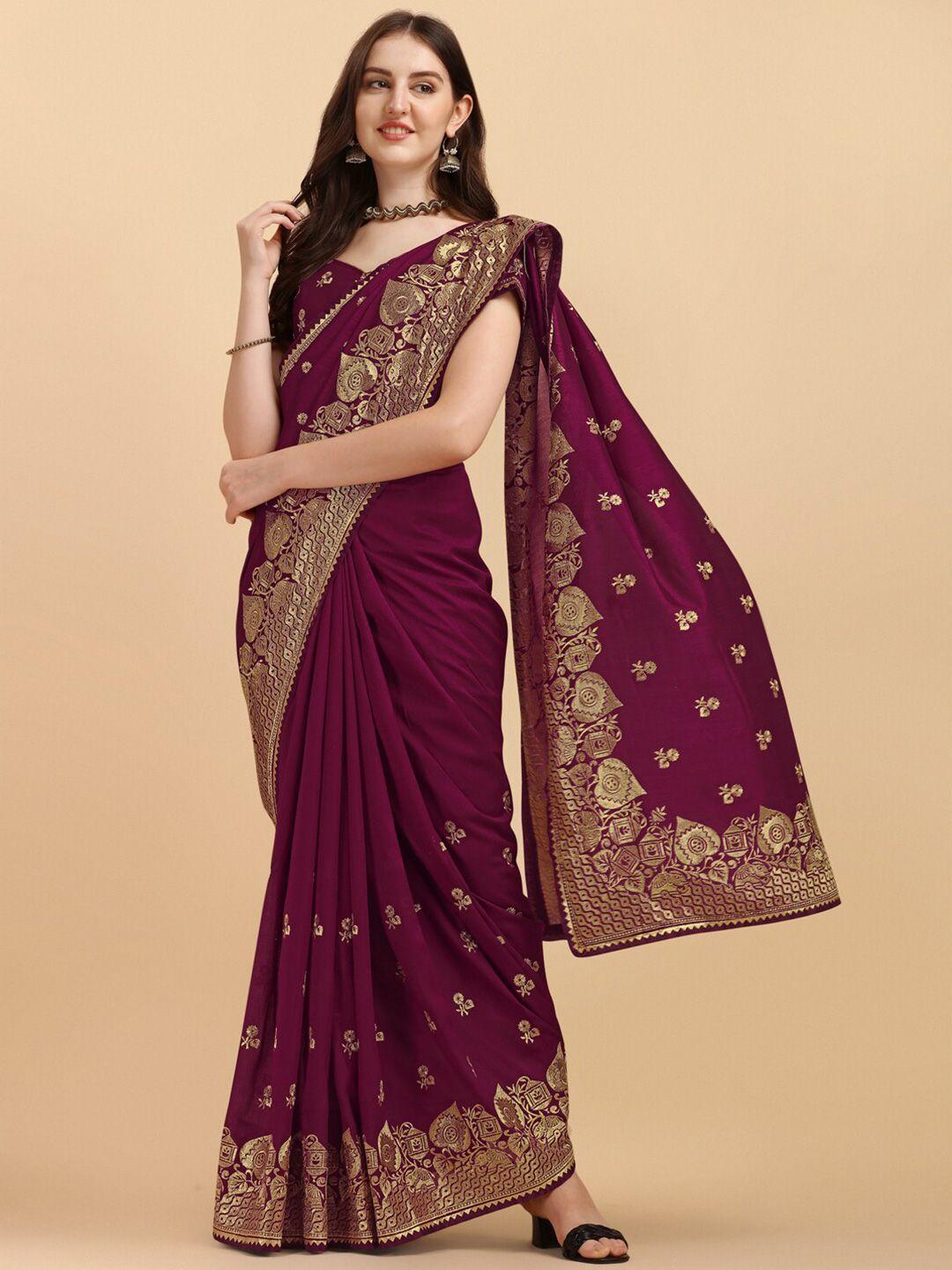 mitera purple & gold-toned ethnic motifs embroidered art silk saree
