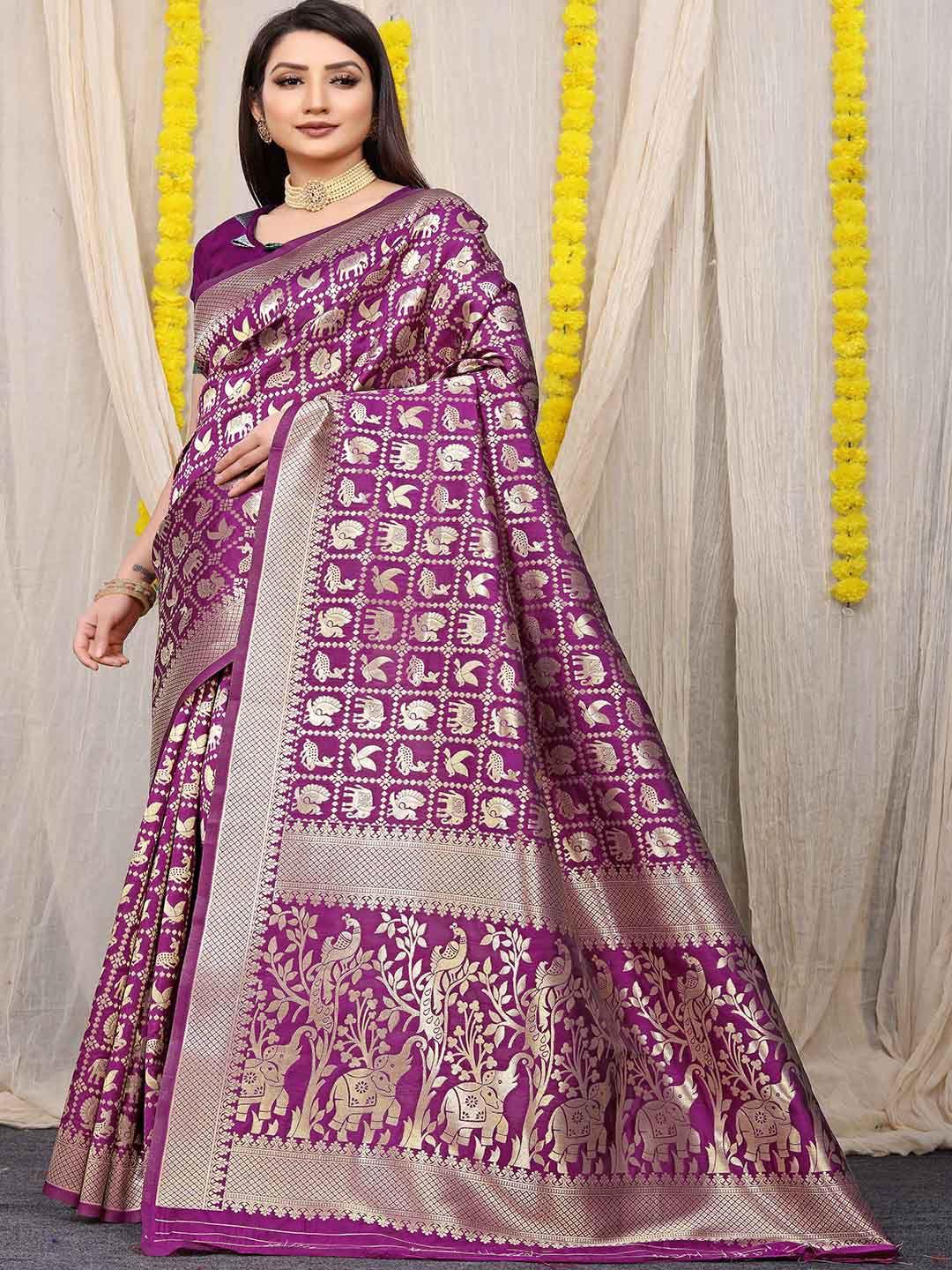 mitera purple & gold-toned ethnic motifs woven design zari silk saree