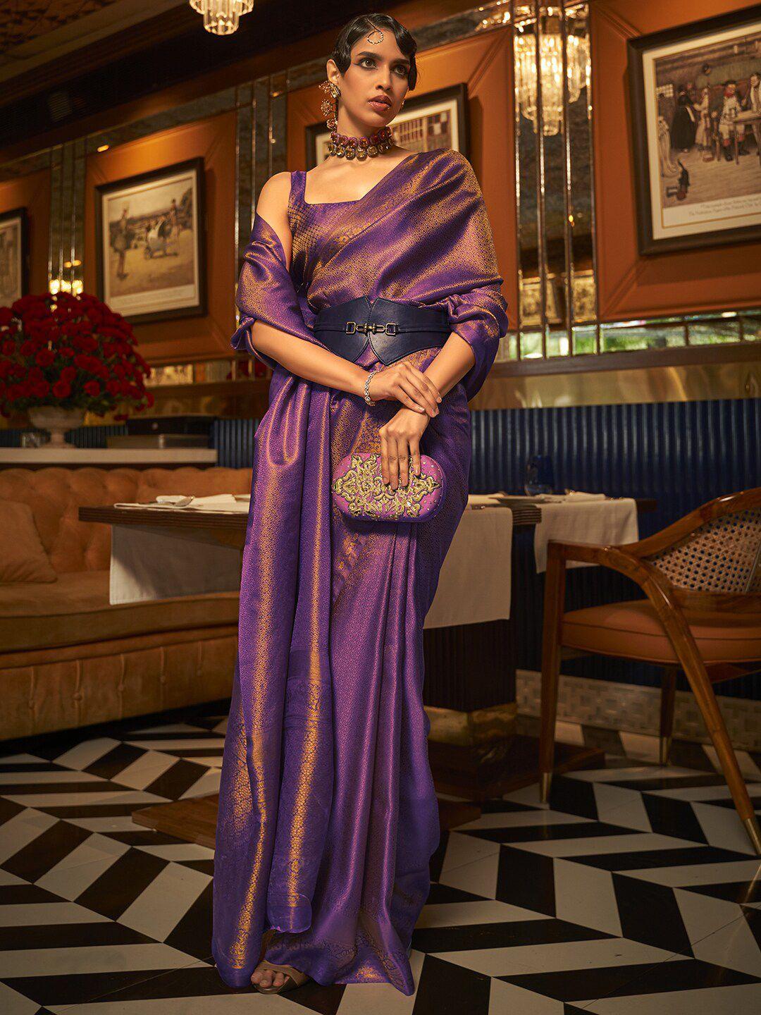 mitera purple & gold-toned ethnic motifs zari banarasi saree