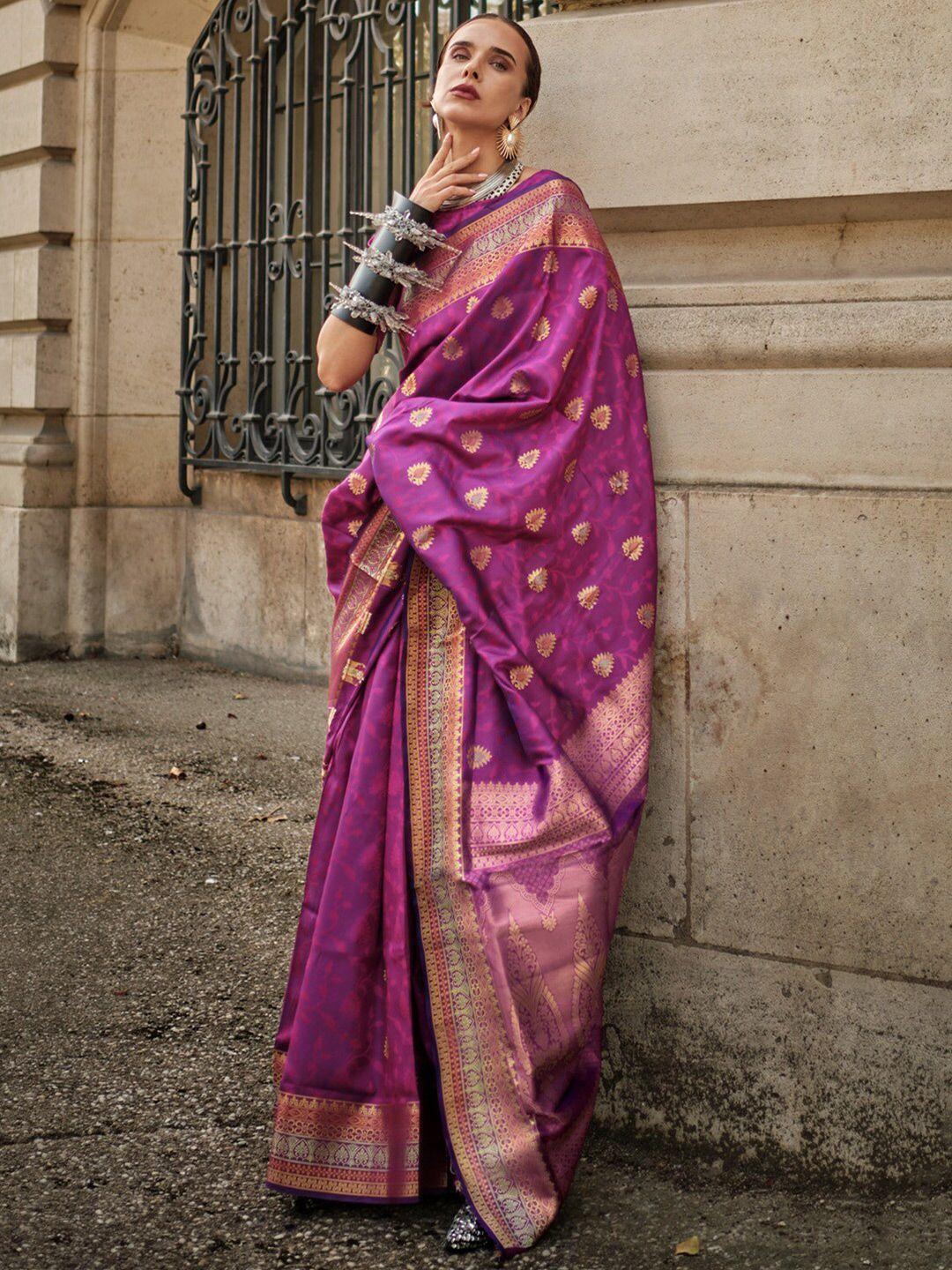 mitera purple & gold-toned ethnic motifs zari pure silk banarasi saree