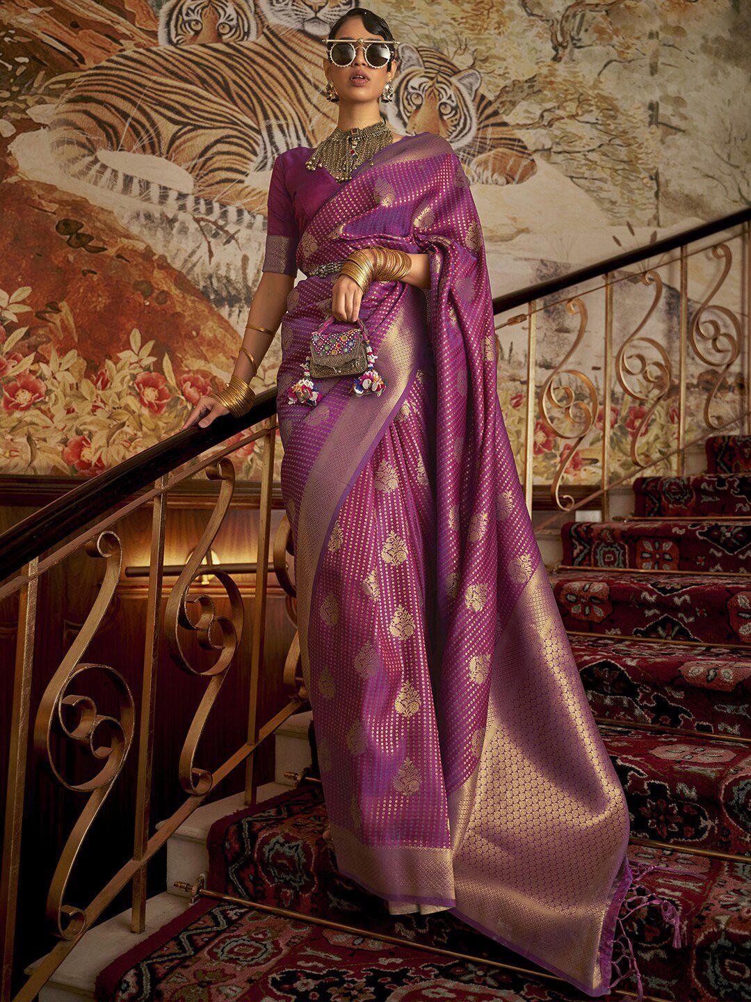 mitera purple & gold-toned ethnic motifs zari silk blend bagh saree