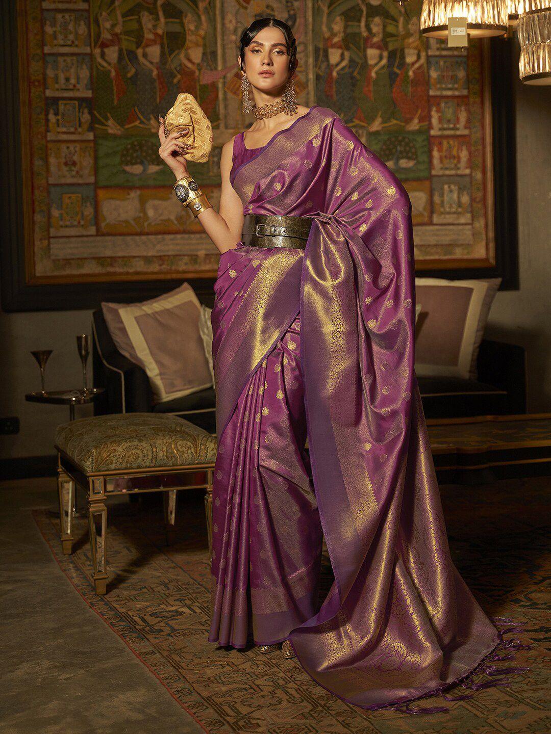 mitera purple & gold-toned ethnic motifs zari silk blend bagru saree