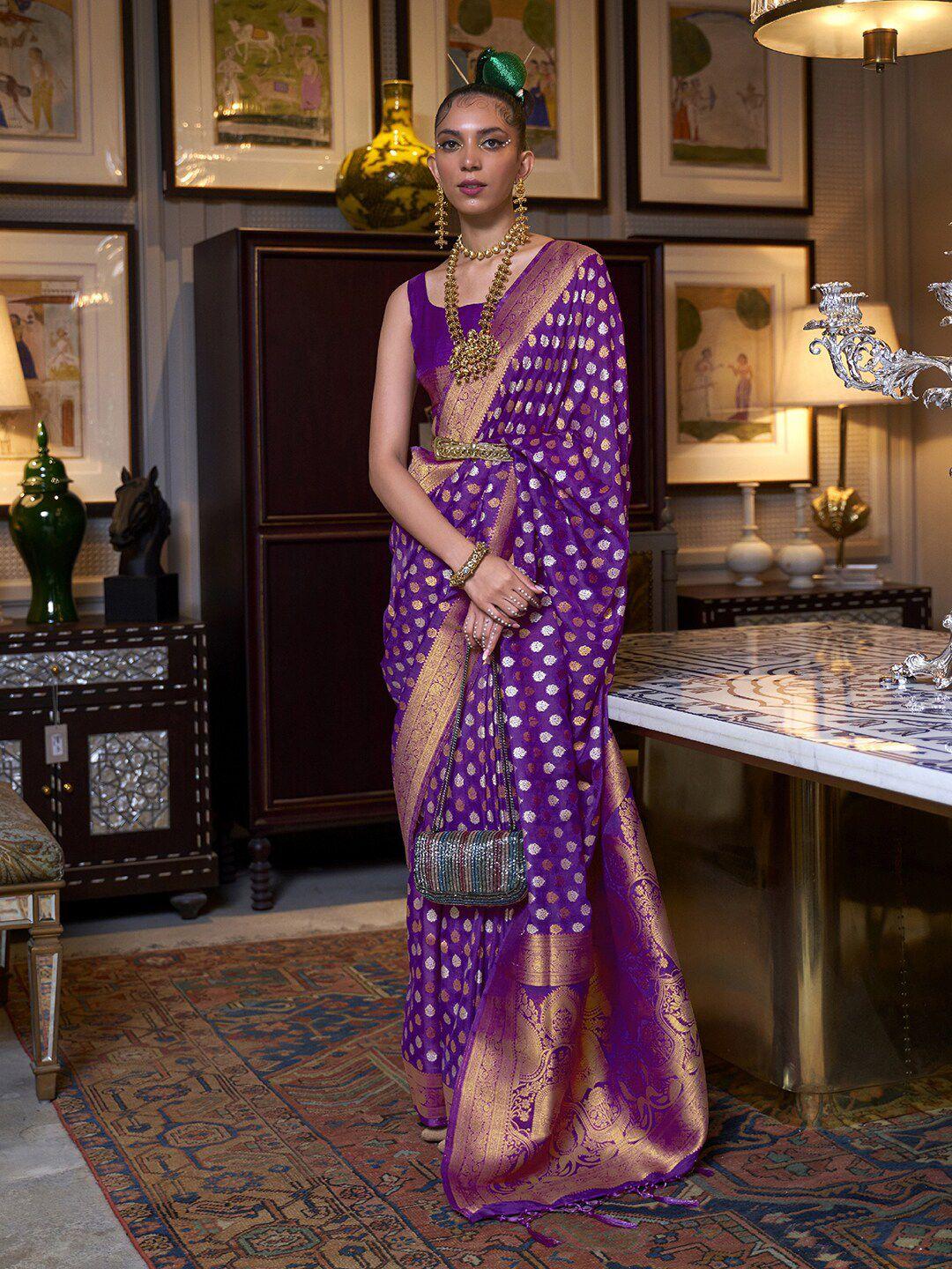 mitera purple & gold-toned ethnic motifs zari silk blend banarasi saree