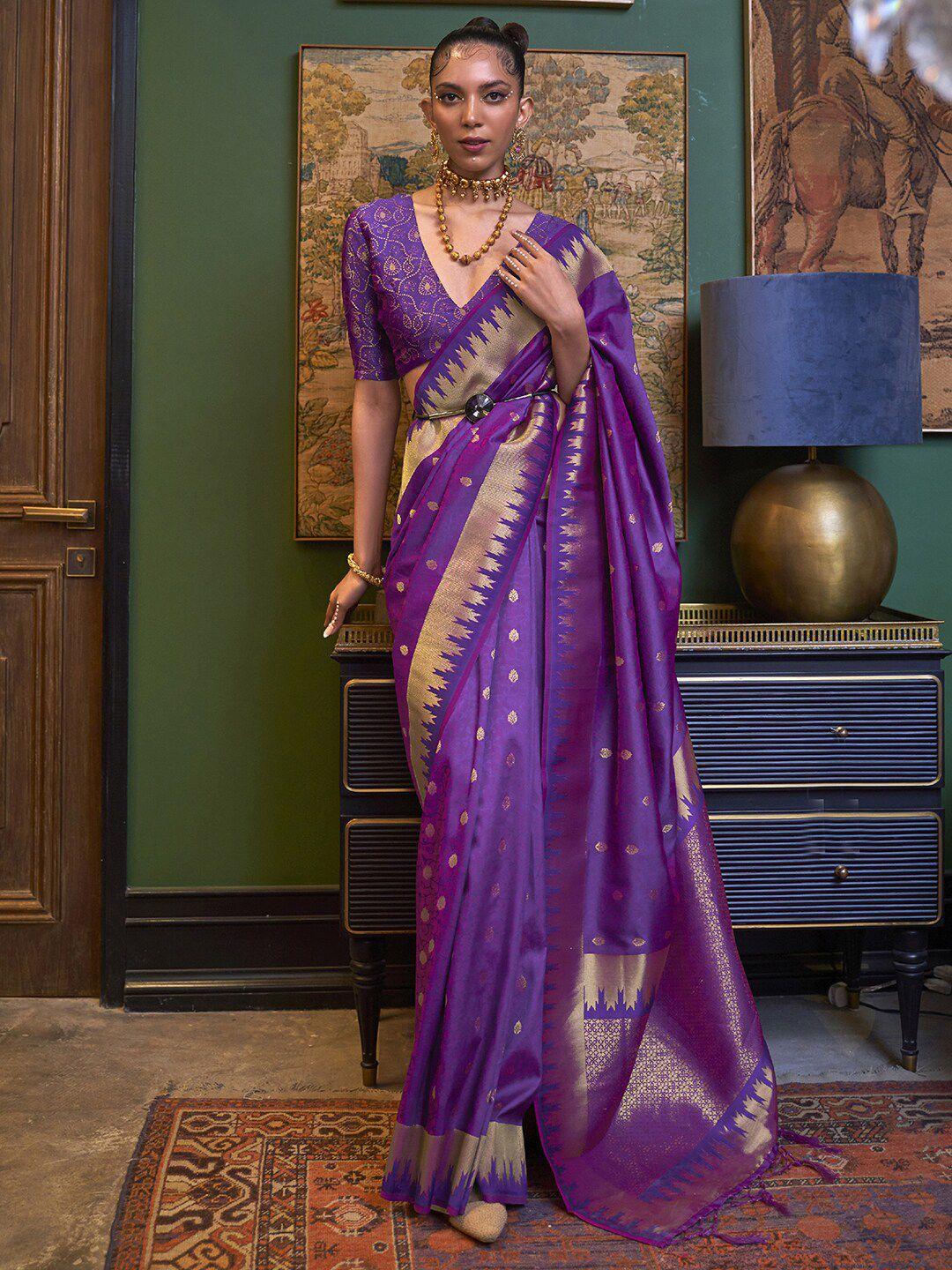 mitera purple & gold-toned ethnic motifs zari silk blend kanjeevaram saree