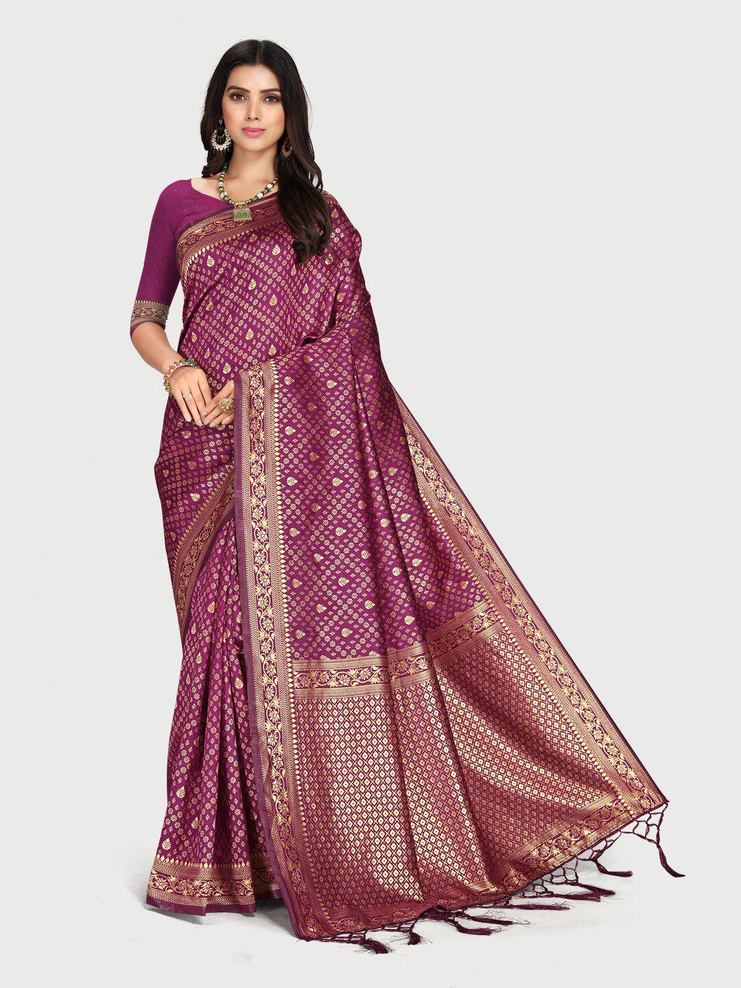 mitera purple & gold-toned ethnic motifs zari silk blend saree