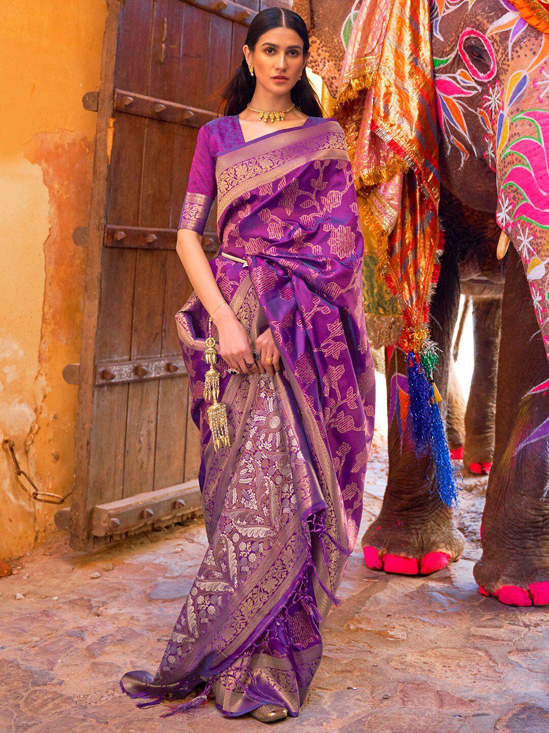 mitera purple & gold-toned floral silk blend banarasi saree