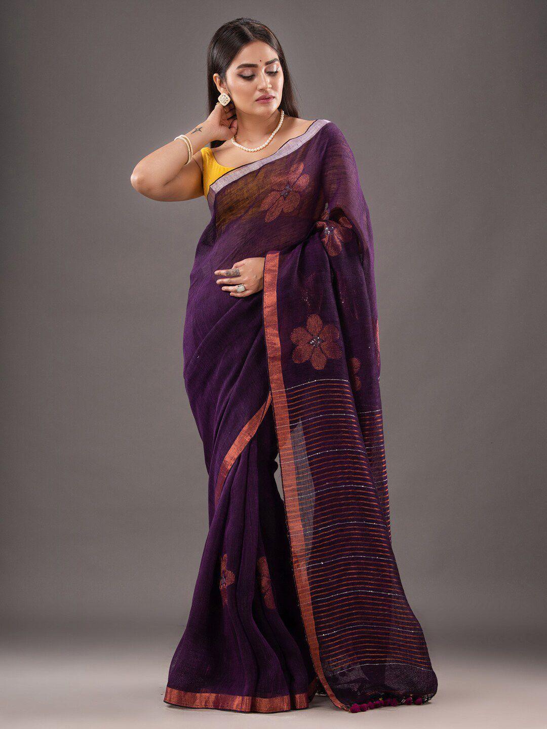 mitera purple & gold-toned floral woven design zari pure linen saree