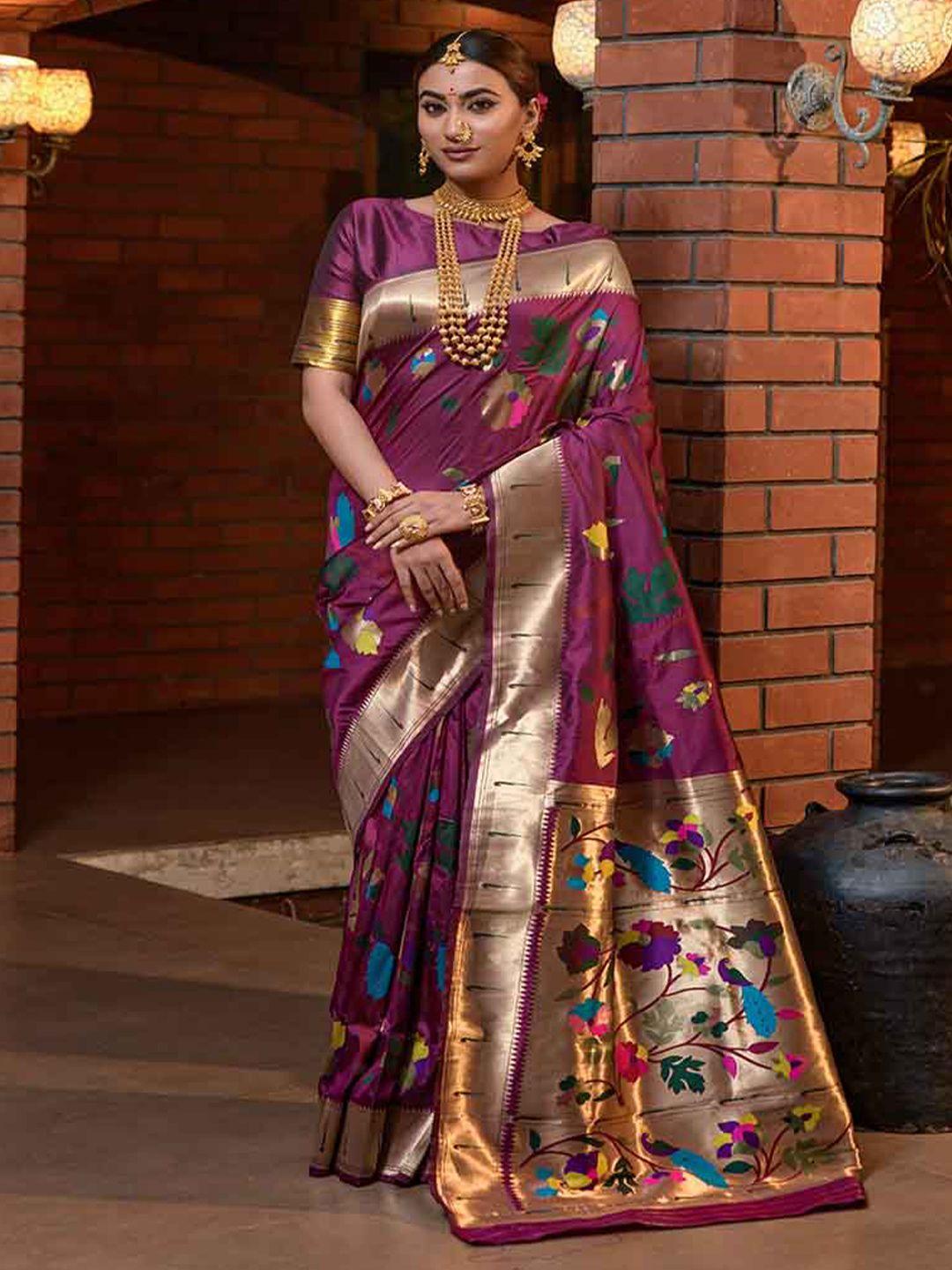 mitera purple & gold-toned floral zari art silk saree