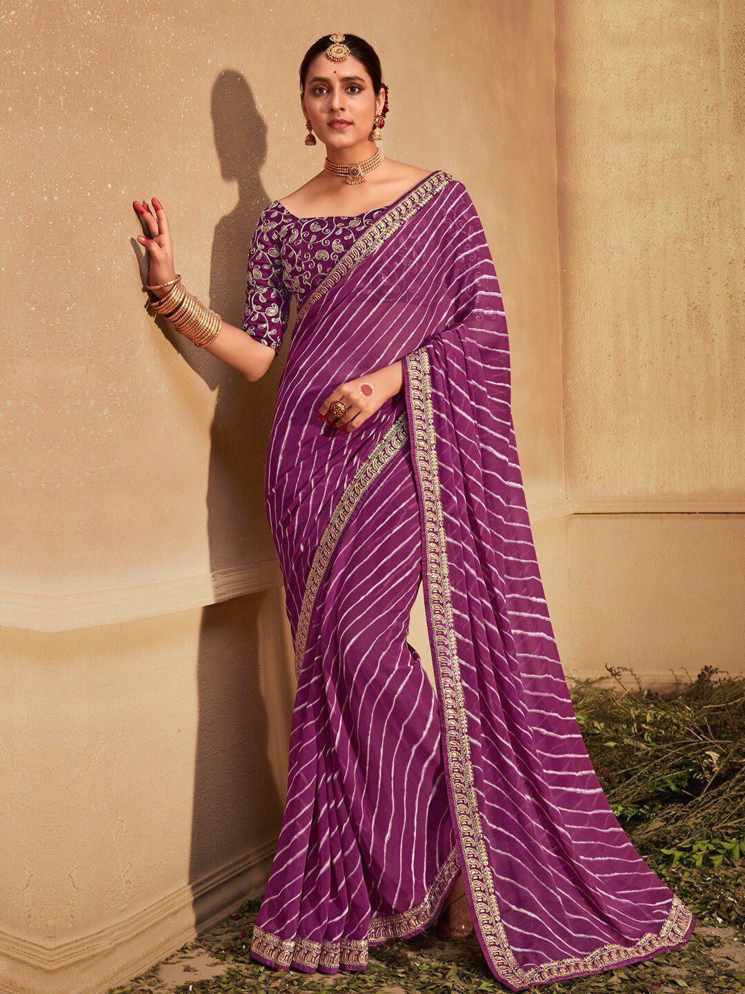 mitera purple & gold-toned leheriya embroidered pure georgette leheriya saree