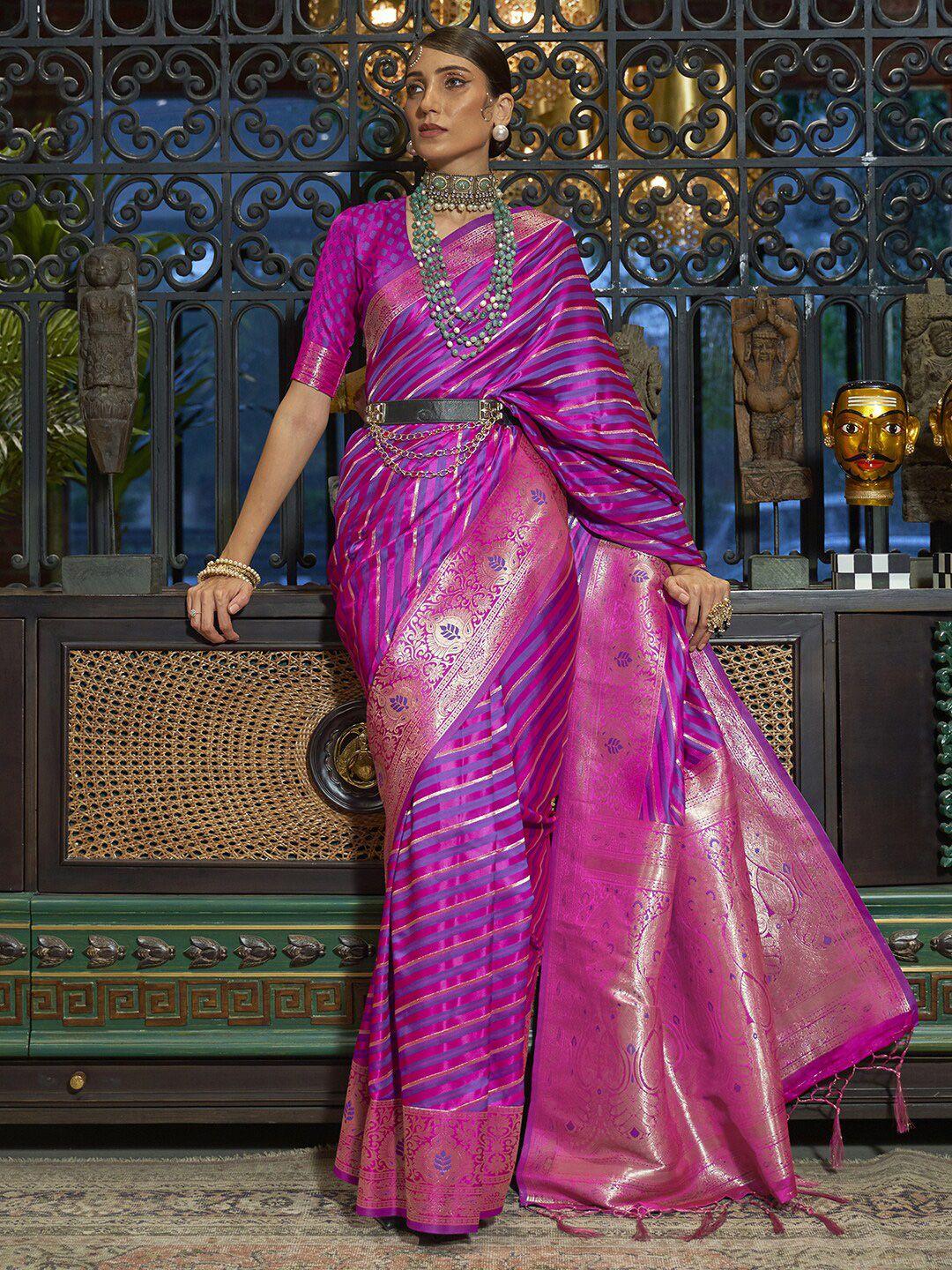 mitera purple & gold-toned leheriya zari silk blend leheriya saree