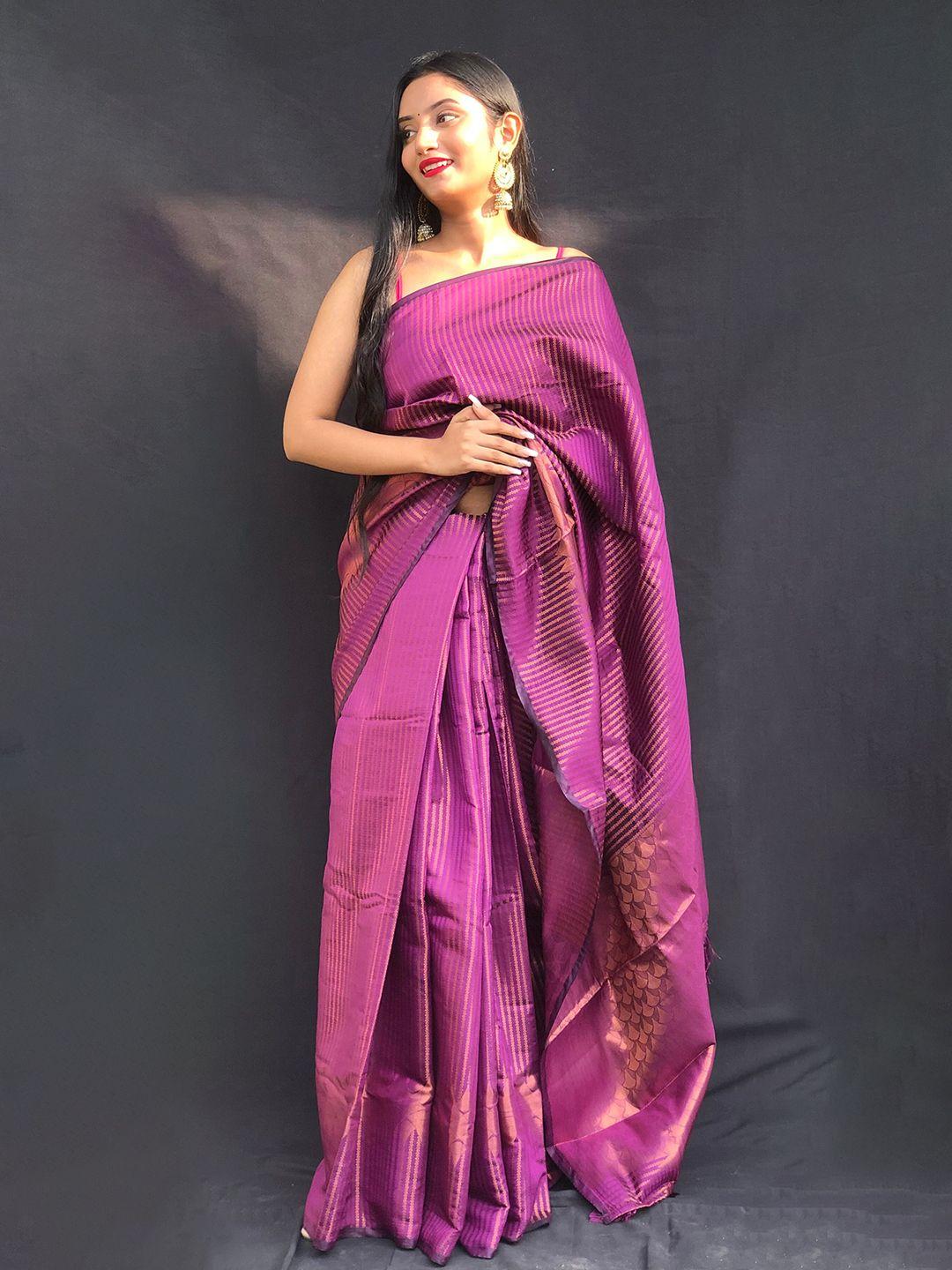 mitera purple & gold-toned striped zari silk blend kanjeevaram saree