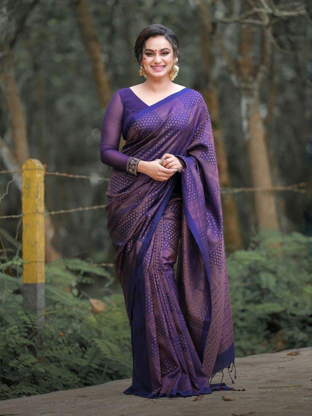 mitera purple & gold toned woven design zari art silk saree