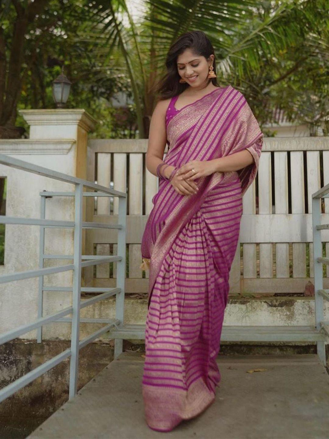 mitera purple & gold toned woven design zari art silk saree