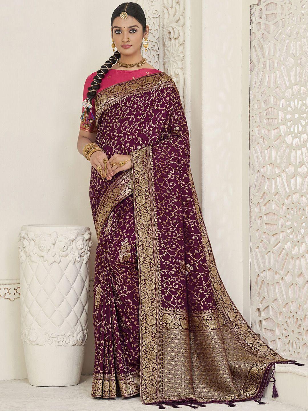 mitera purple & gold-toned woven design zari banarasi saree