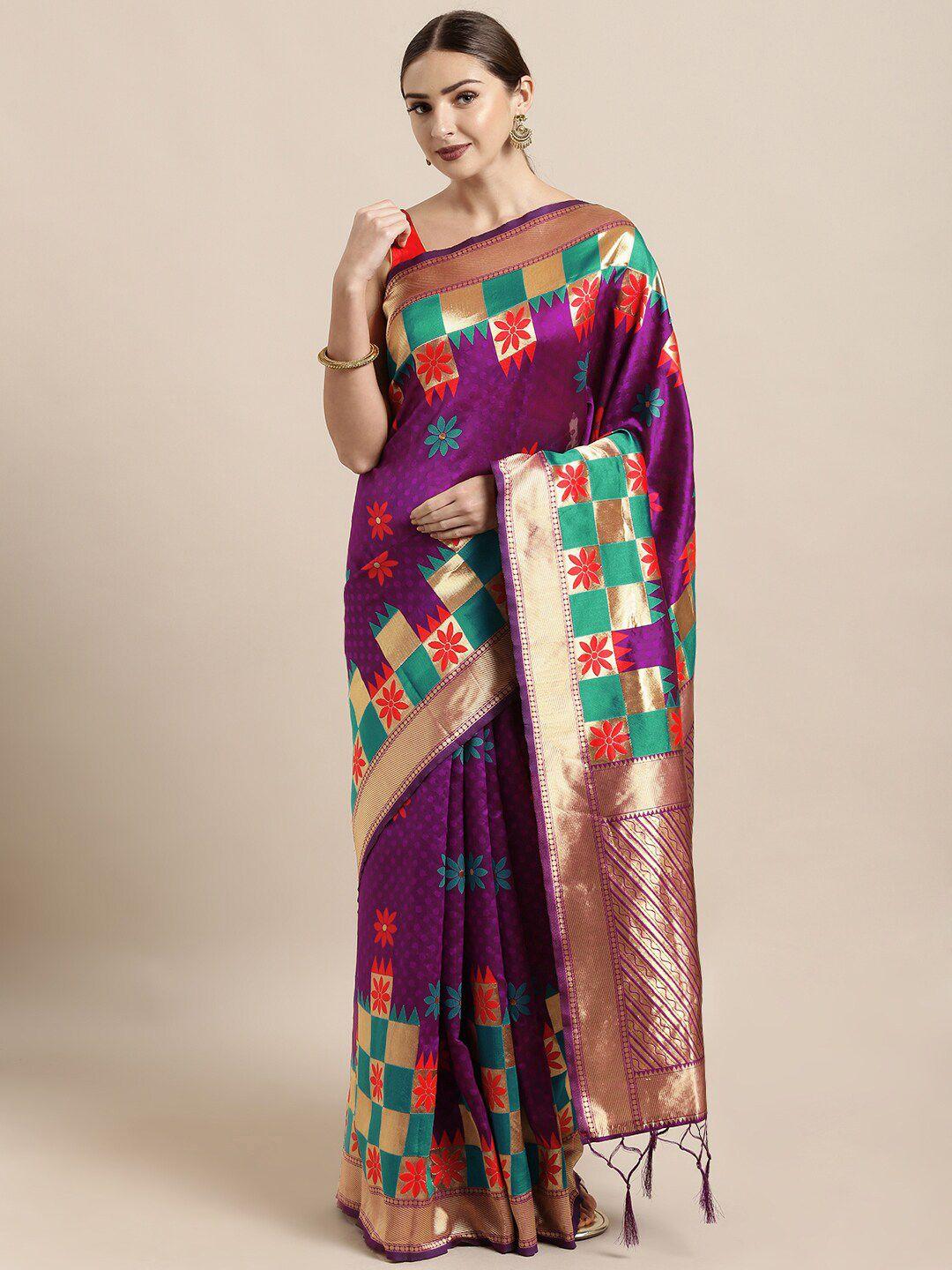 mitera purple & gold-toned woven design zari silk blend banarasi saree