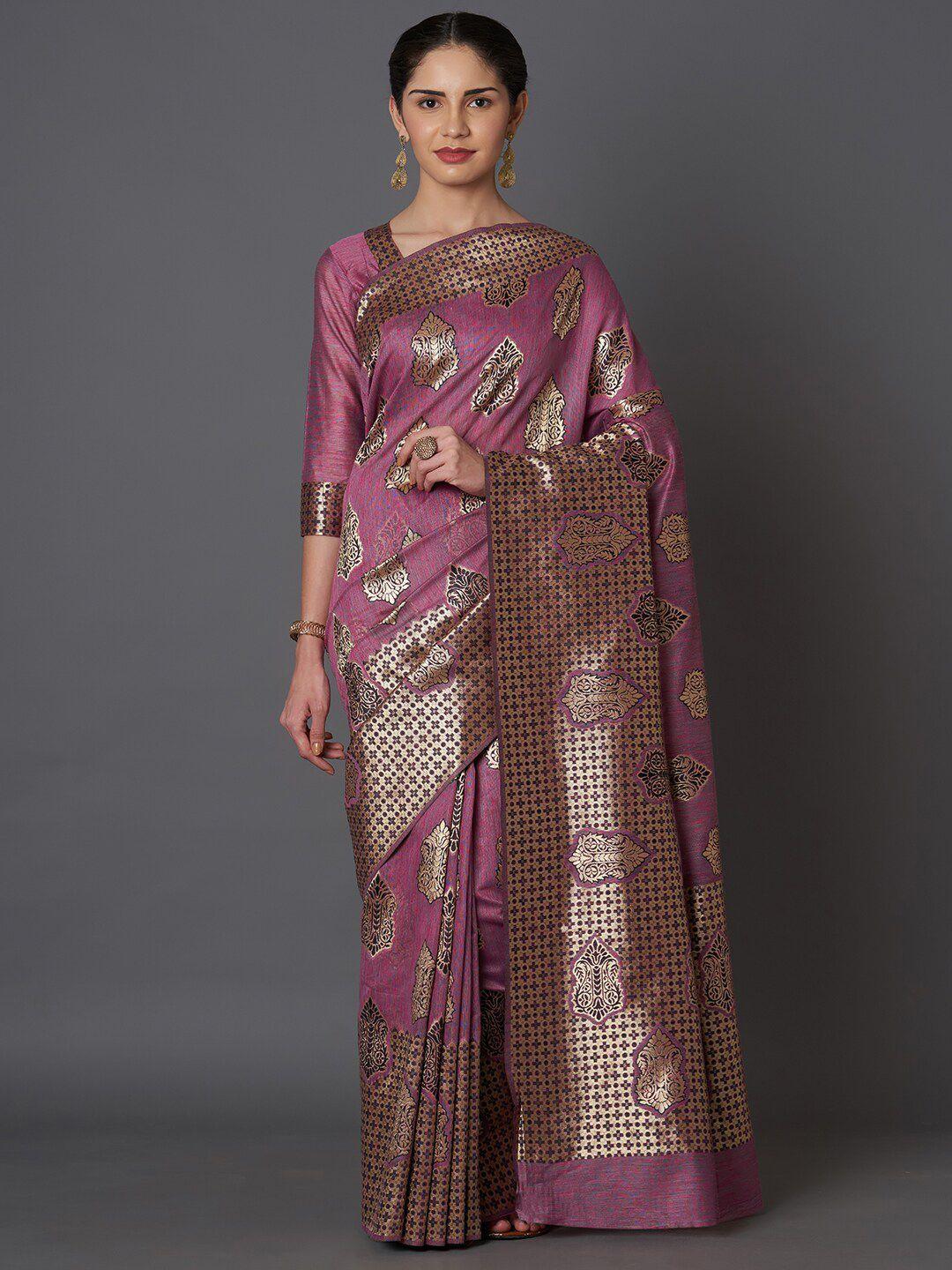 mitera purple & gold-toned woven design zari silk blend kasavu saree