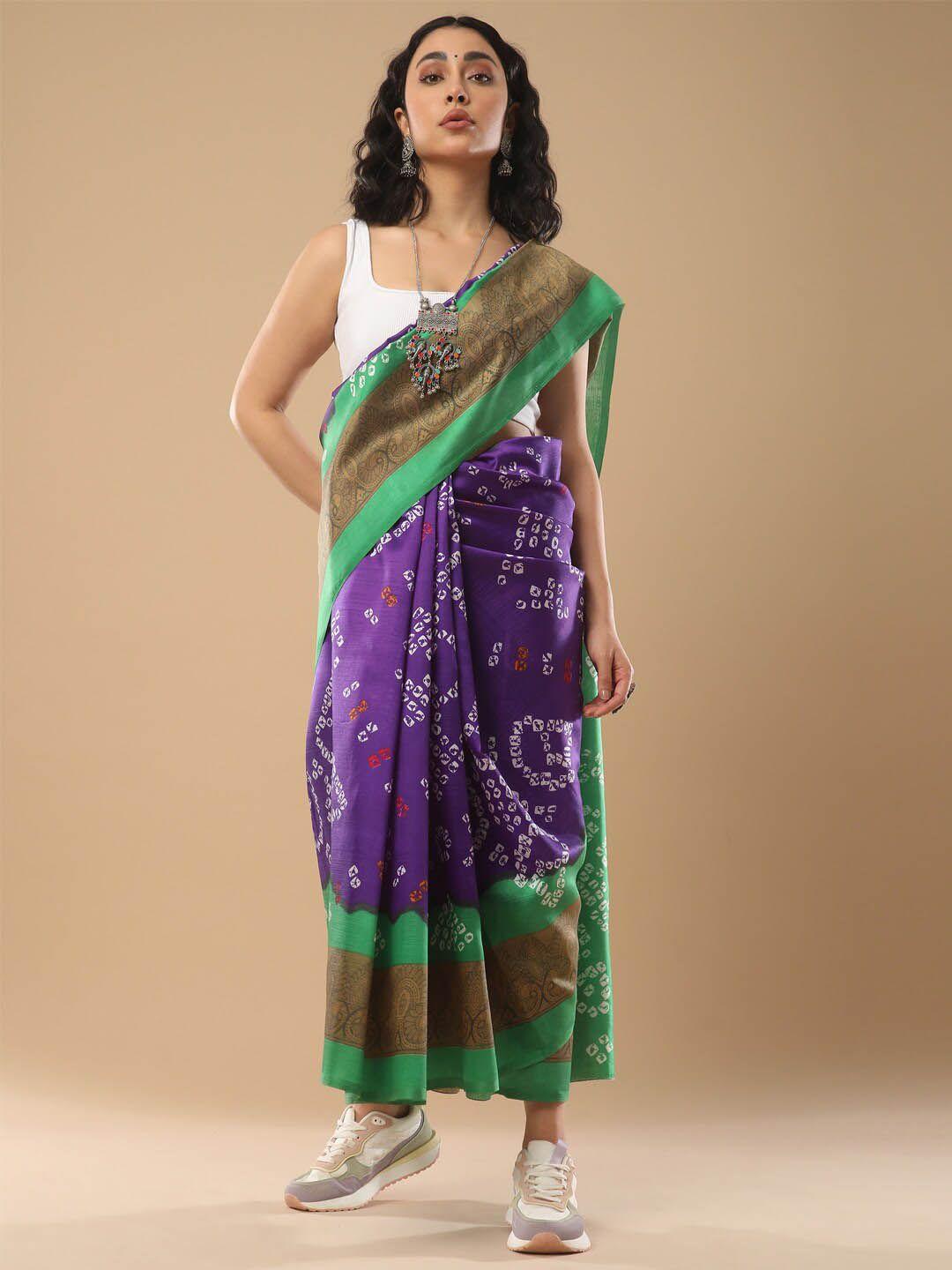 mitera purple & green bandhani art silk bandhani saree