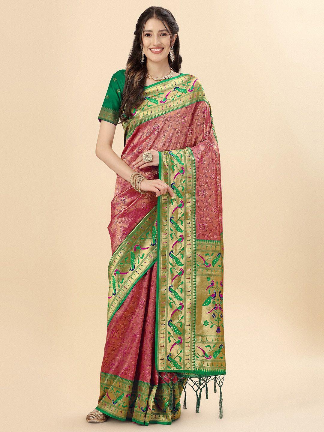 mitera purple & green floral woven design zari pure silk paithani saree