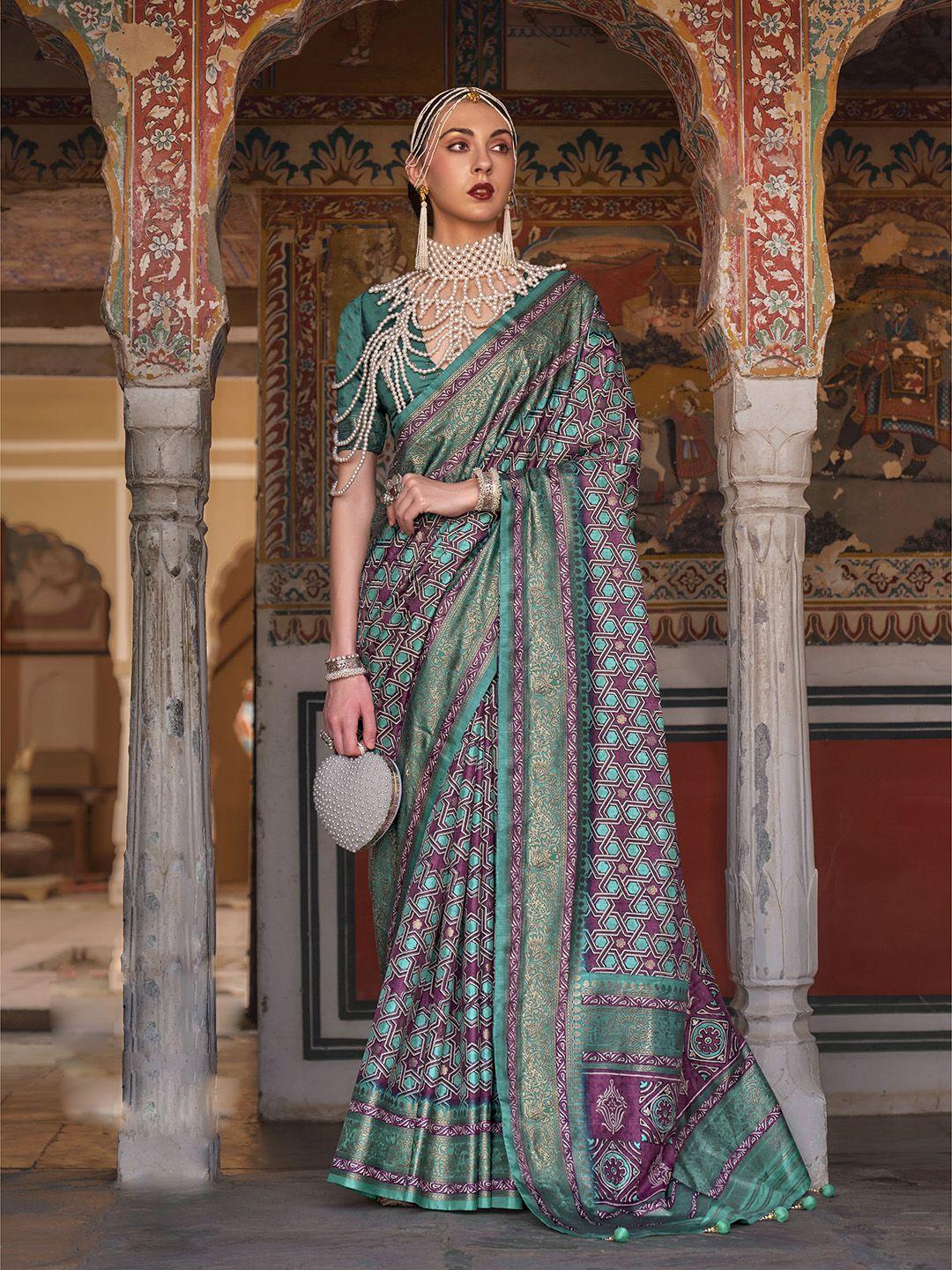 mitera purple & green geometric printed zari silk blend patola saree