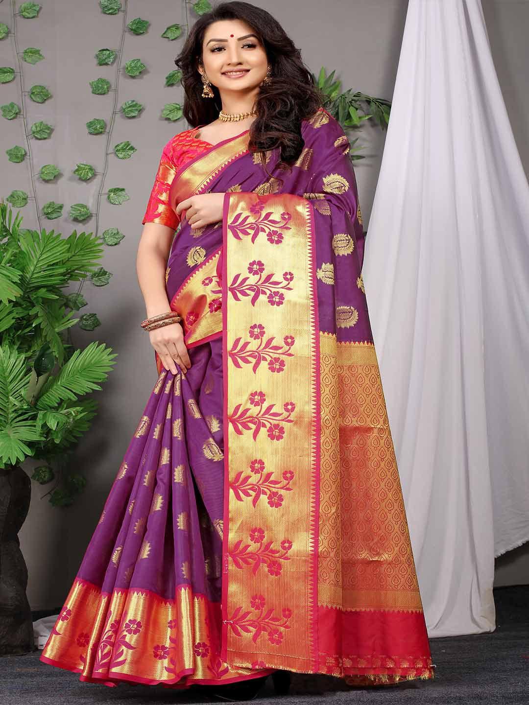 mitera purple & red ethnic motif woven design zari art silk saree