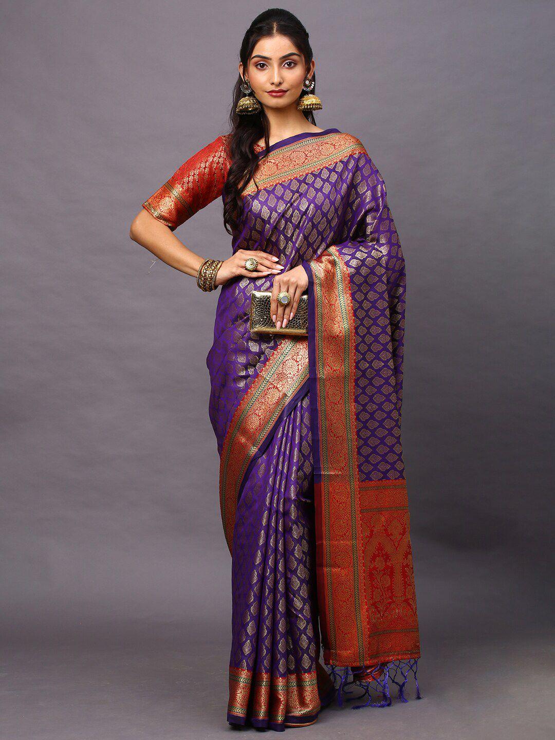 mitera purple & red ethnic motifs zari silk blend banarasi saree