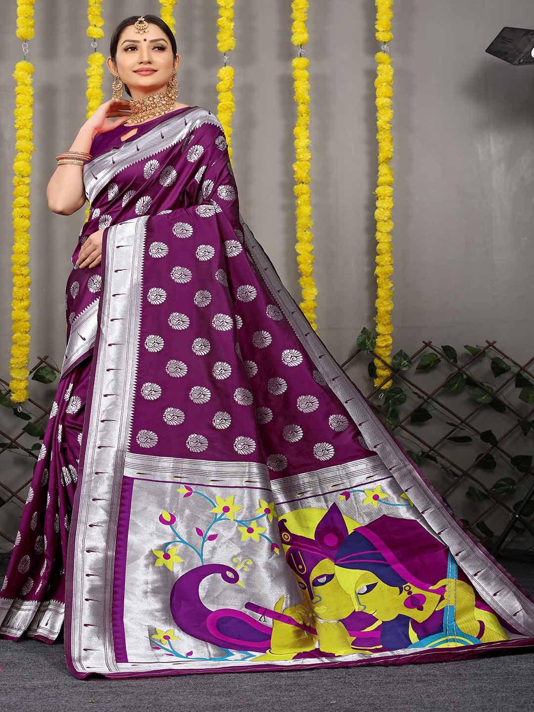 mitera purple & silver -toned woven design zari art silk saree