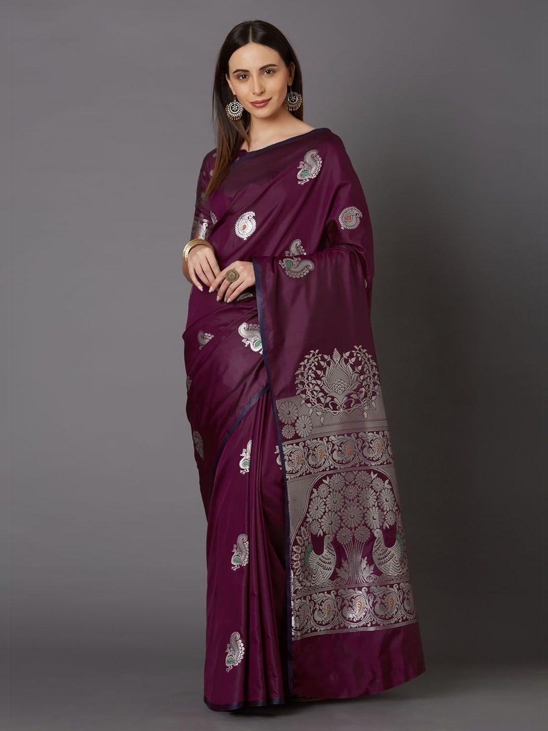 mitera purple & silver-toned silk blend woven design kanjeevaram saree