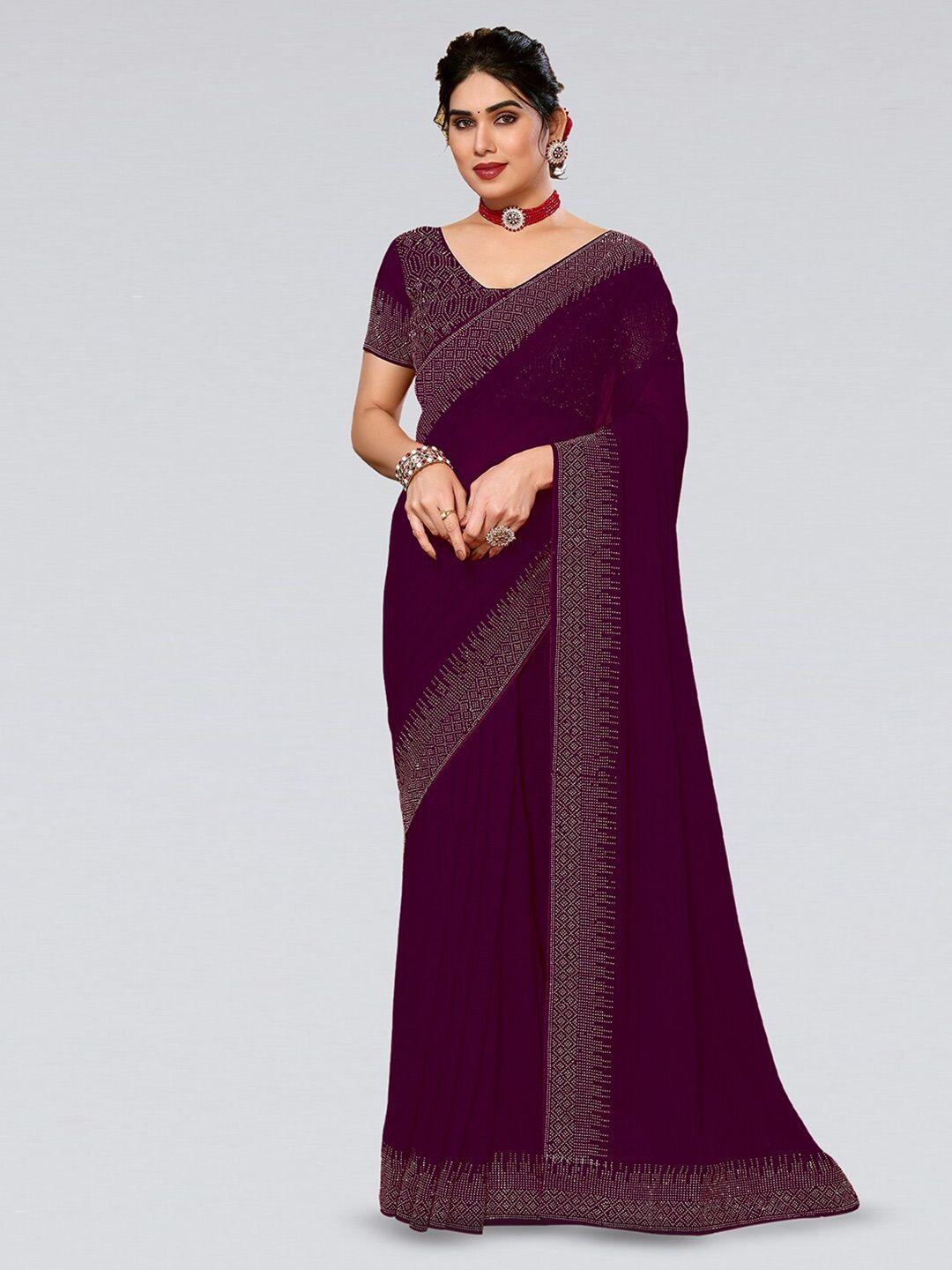 mitera purple & silver-toned stones embellished saree