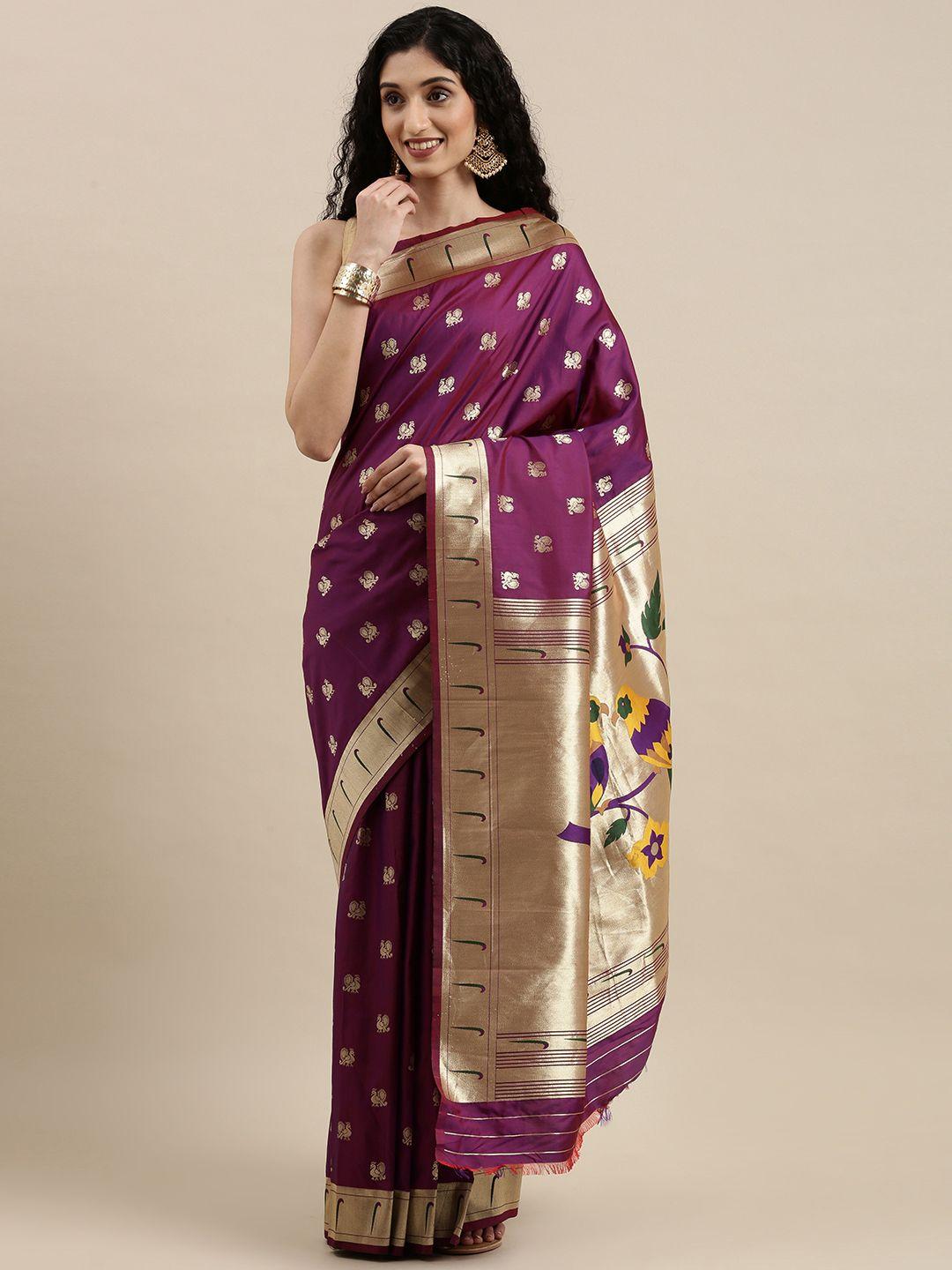 mitera purple & silver-toned woven design zari silk blend paithani saree