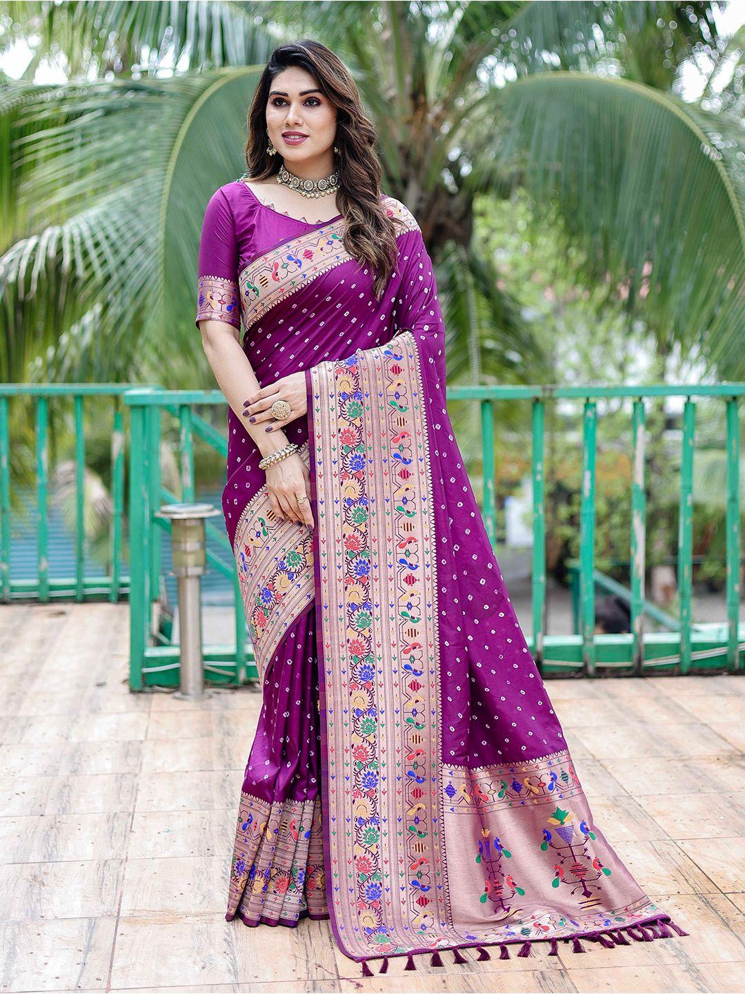 mitera purple & white bandhani printed zari paithani saree