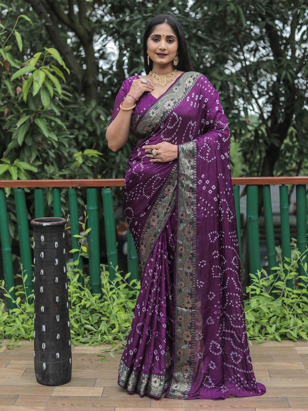 mitera purple & white bandhani zari silk blend bandhani saree