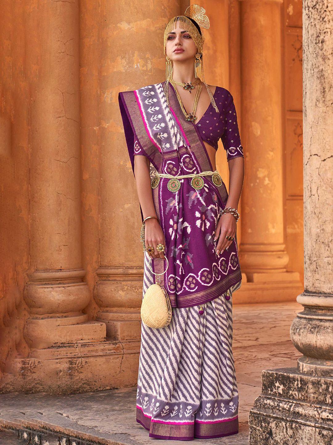 mitera purple & white leheriya printed zari patola silk saree