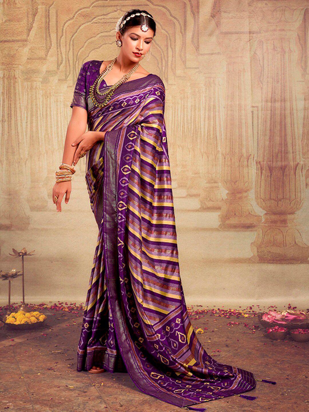 mitera purple & yellow leheriya printed zari silk blend banarasi saree