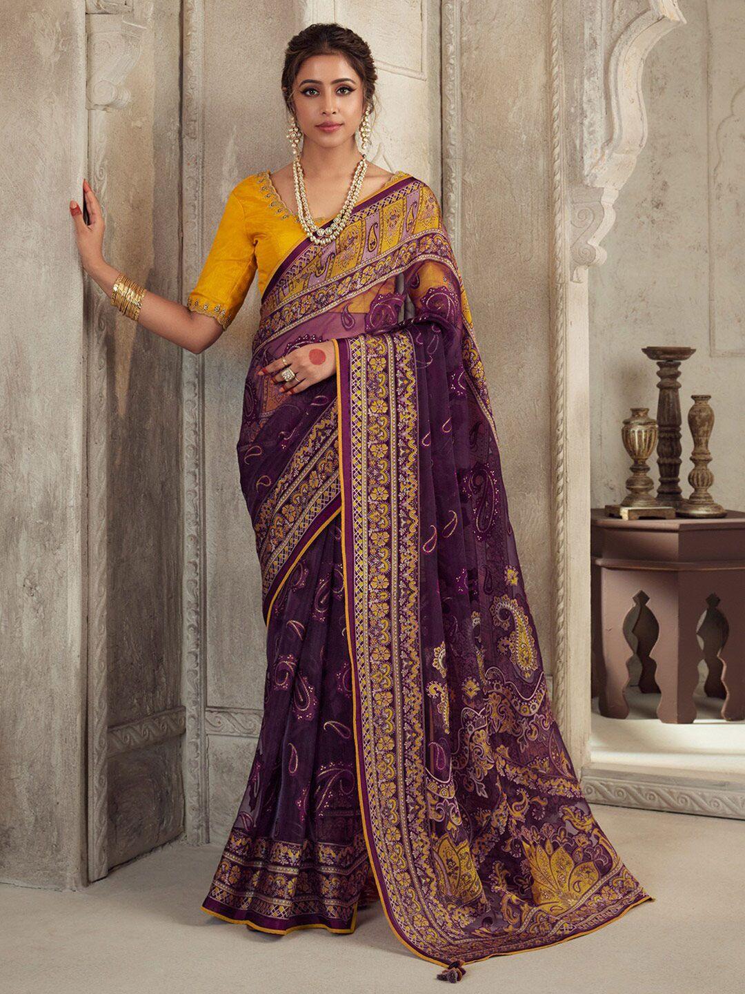 mitera purple & yellow paisley embroidered brasso saree