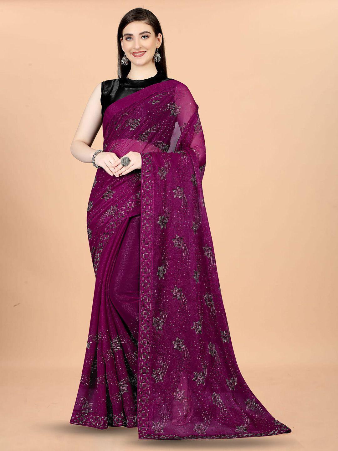 mitera purple embellished beads and stones silk cotton saree