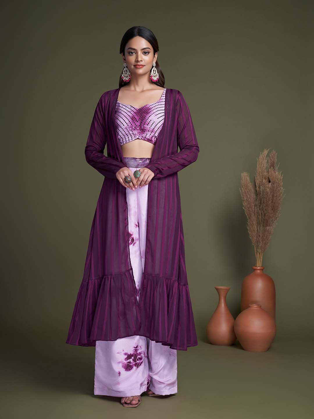 mitera purple embellished top & palazzo with shrug