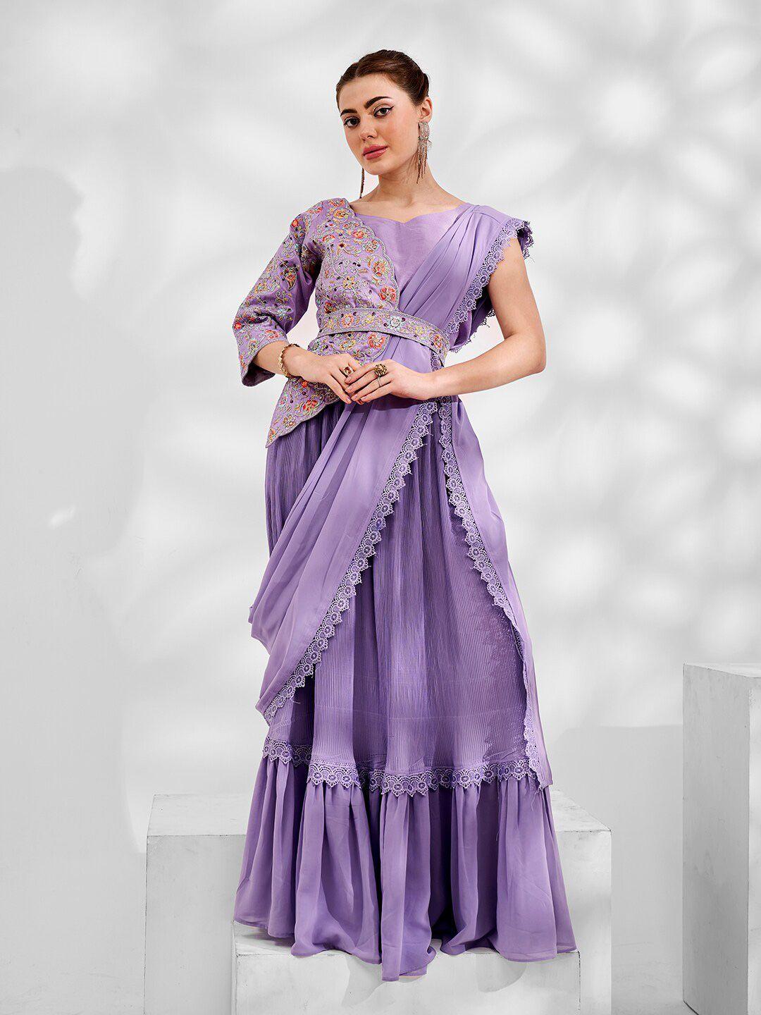 mitera purple embroidered embellished pure georgette saree