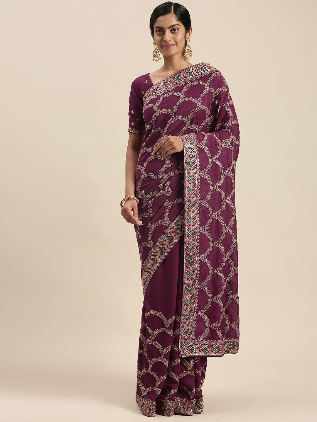 mitera purple embroidered silk blend saree