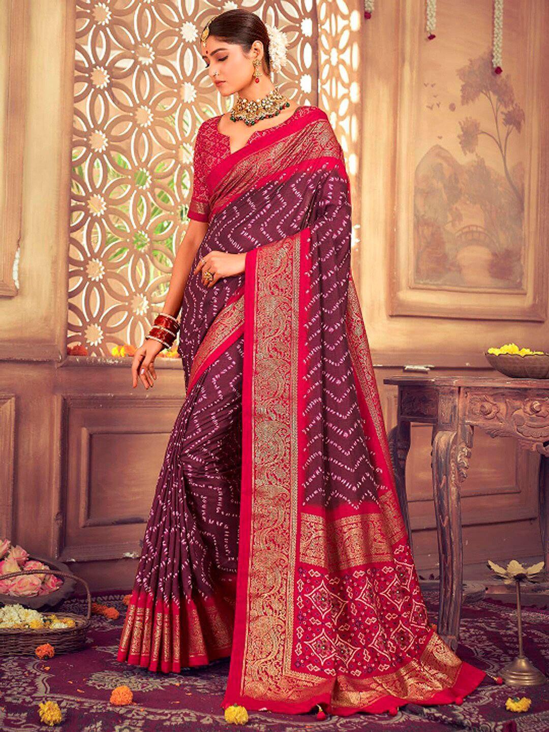 mitera purple ethnic motifs printed zari silk blend banarasi saree