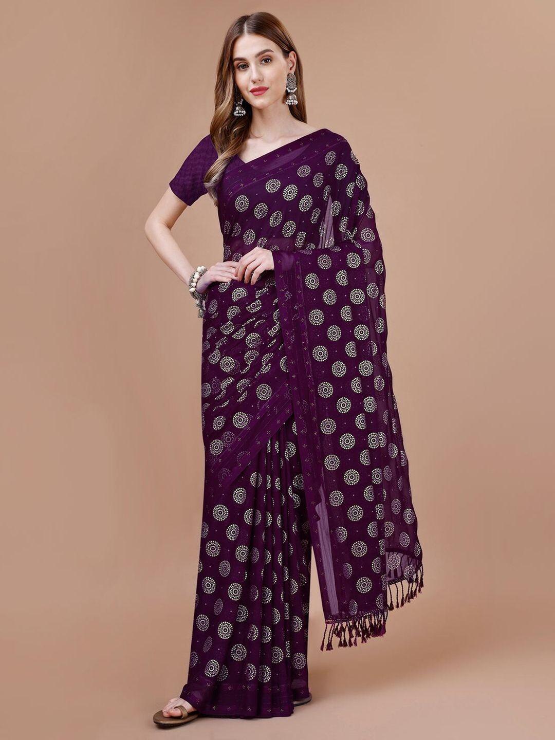 mitera purple foil printed silk cotton saree